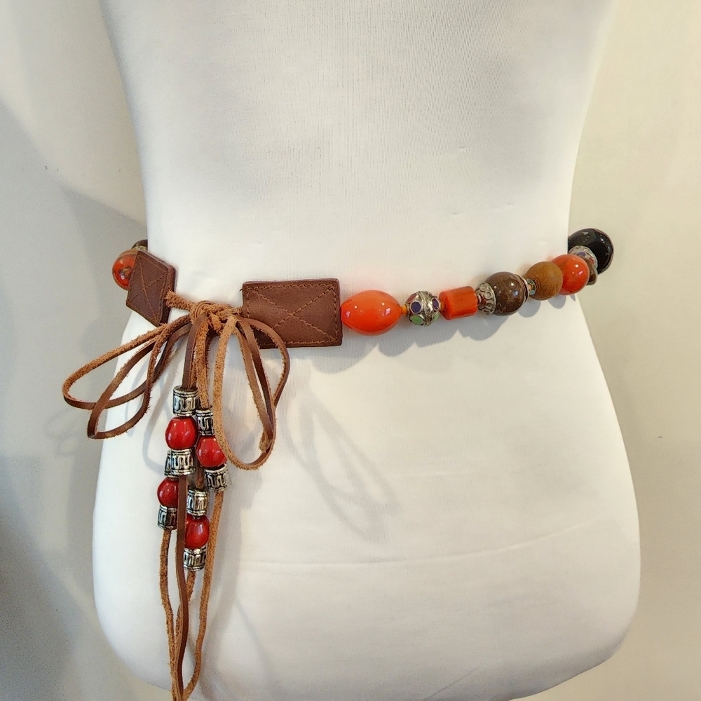 Vintage Boho Belt Art Beads Leather Retro Hippie Bohemian Colorful Orange - Picture 4 of 14